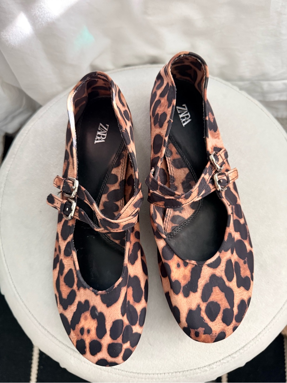 ZARA Leopard-Print Double-Strap Ballet Flats in Brown & Black